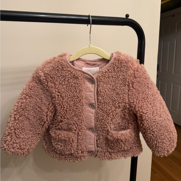 Zara Baby Girl Pink Teddy Bear Fleece Coat Jacket | Size 12-18 Months (fits big) - Picture 1 of 7